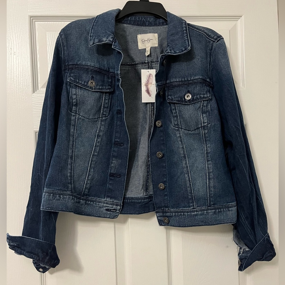 Jessica Simpson Imperial Peony Blue Jean Fringe Jacket